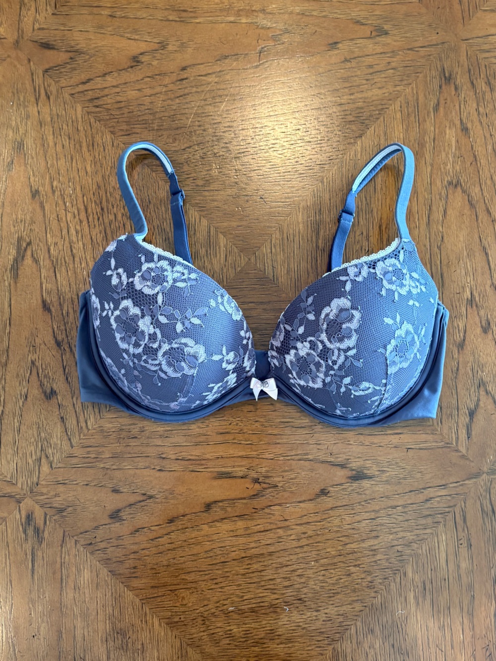Victoria's Secret Grey- Blue Lace Push-Up Bra with White Accent